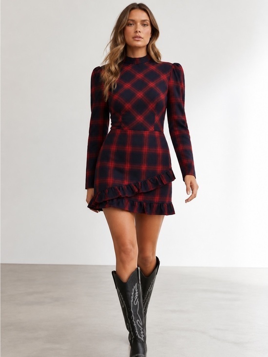 Dresses & Skirts - Plaid Long Sleeve Mini Ruffle Dress